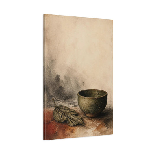 Wabi Sabi Clay Bowl Canvas Print – Living Room, Above Sofa, Olive Green & Warm Ivory - YesArtYes