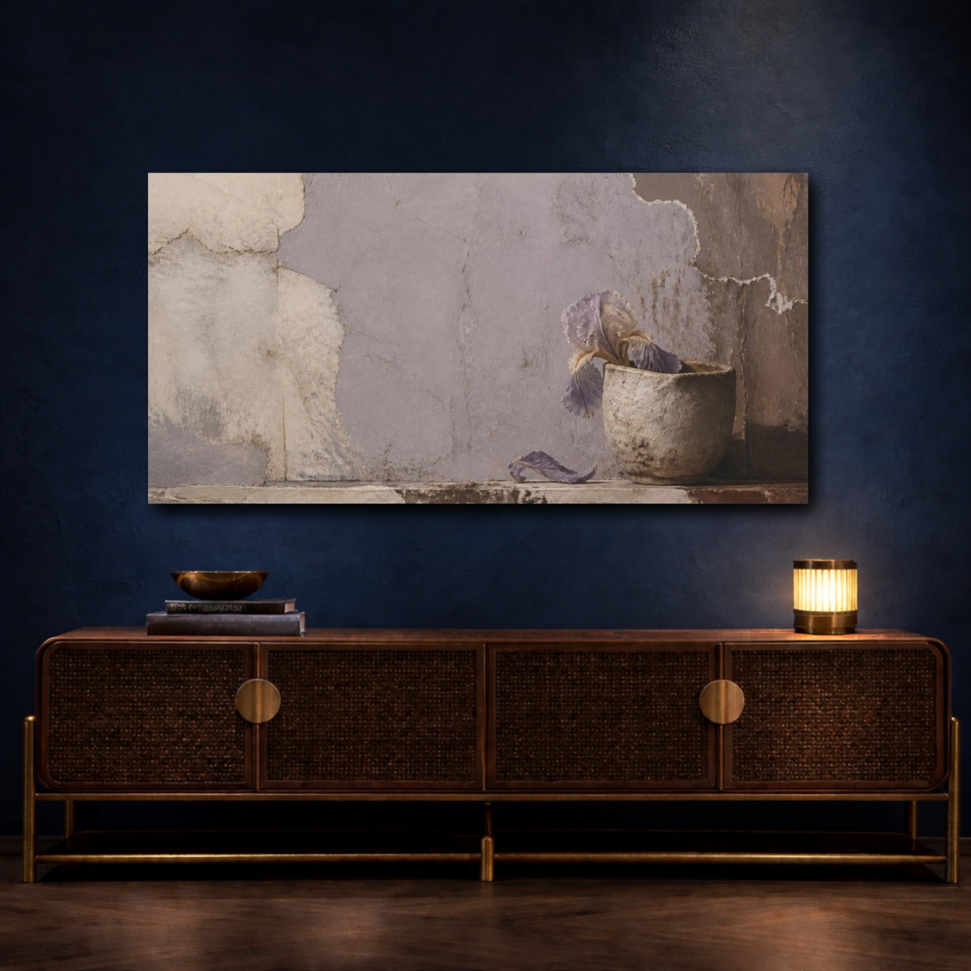 Mockup 4. Wabi Sabi Clay Cup & Iris shown as canvas print