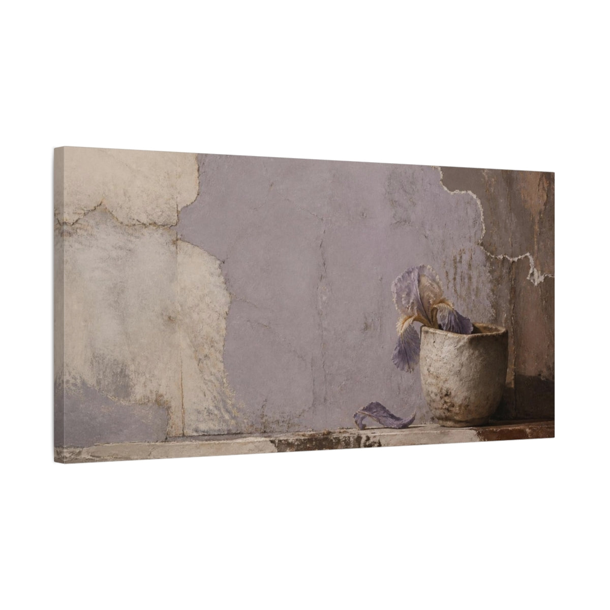 Side Mockup 1. Wabi Sabi Clay Cup & Iris shown as canvas print