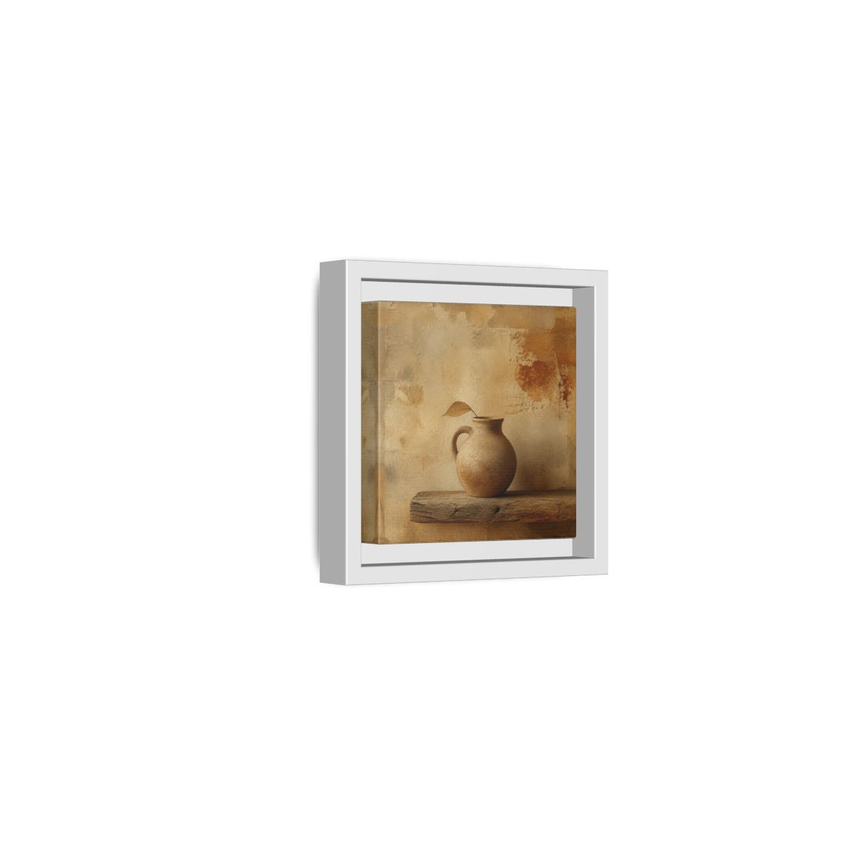 Side Mockup 22. Wabi-Sabi Clay Jug On Shelf shown as framed canvas print