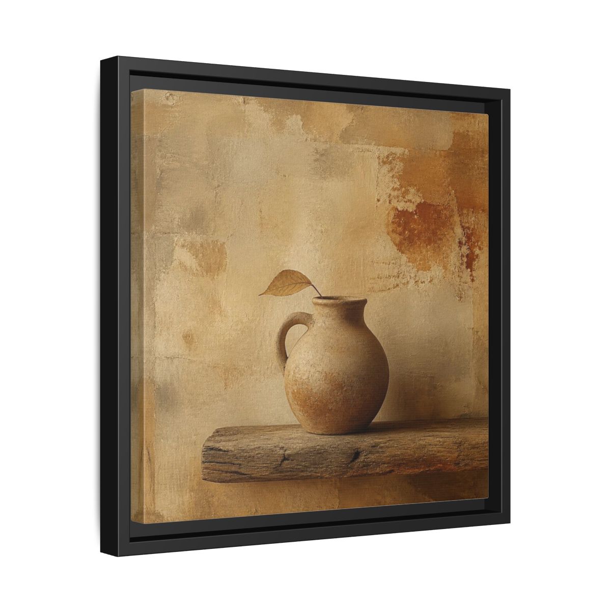 Side Mockup 32. Wabi-Sabi Clay Jug On Shelf shown as framed canvas print