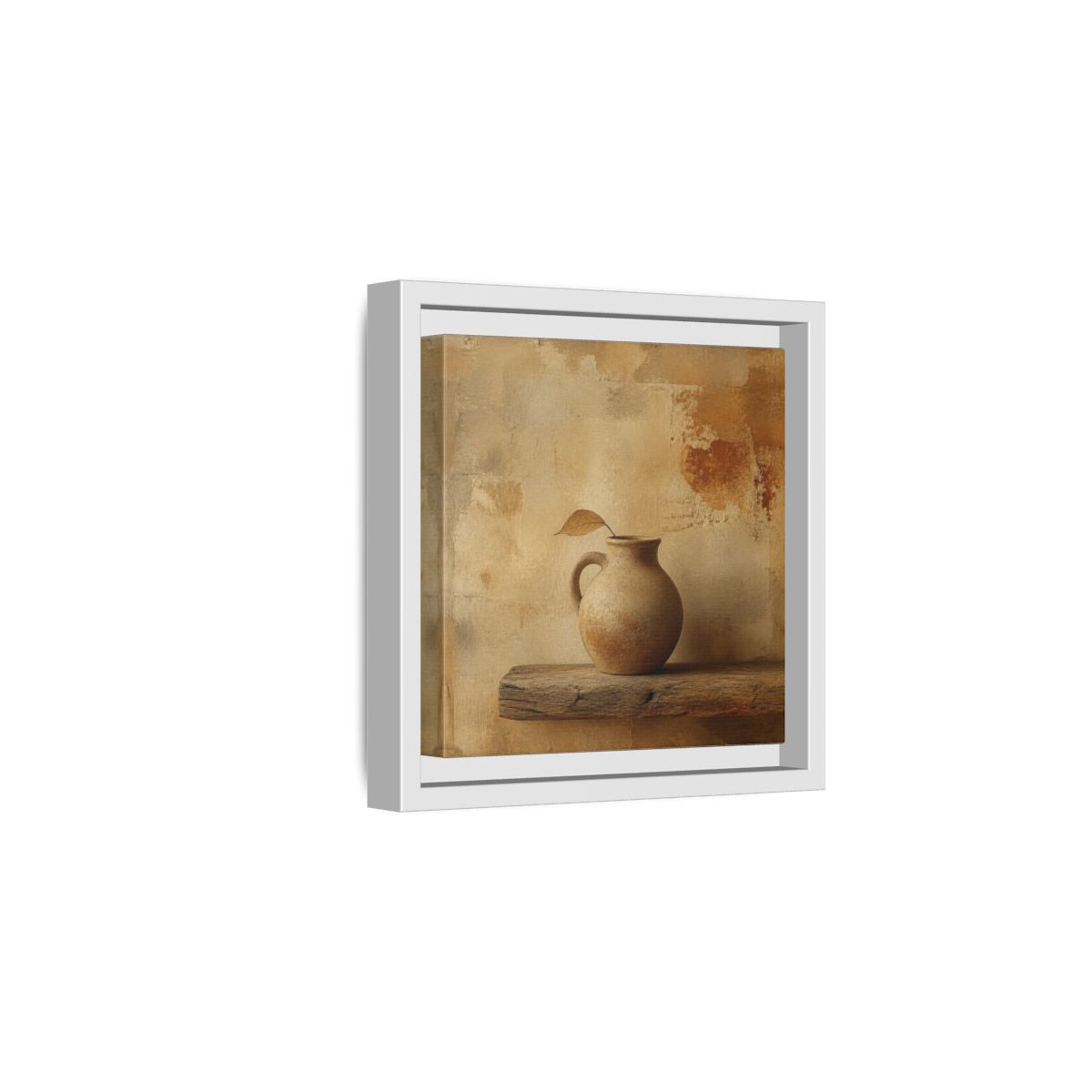 Side Mockup 1. Wabi-Sabi Clay Jug On Shelf shown as framed canvas print