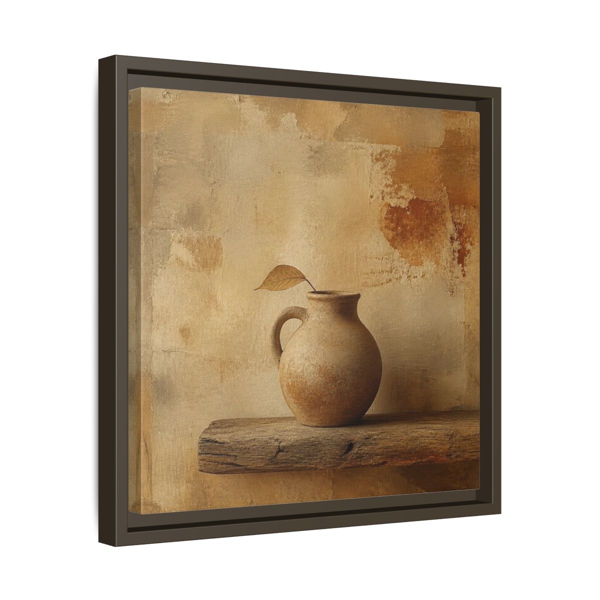 Side Mockup 29. Wabi-Sabi Clay Jug On Shelf shown as framed canvas print
