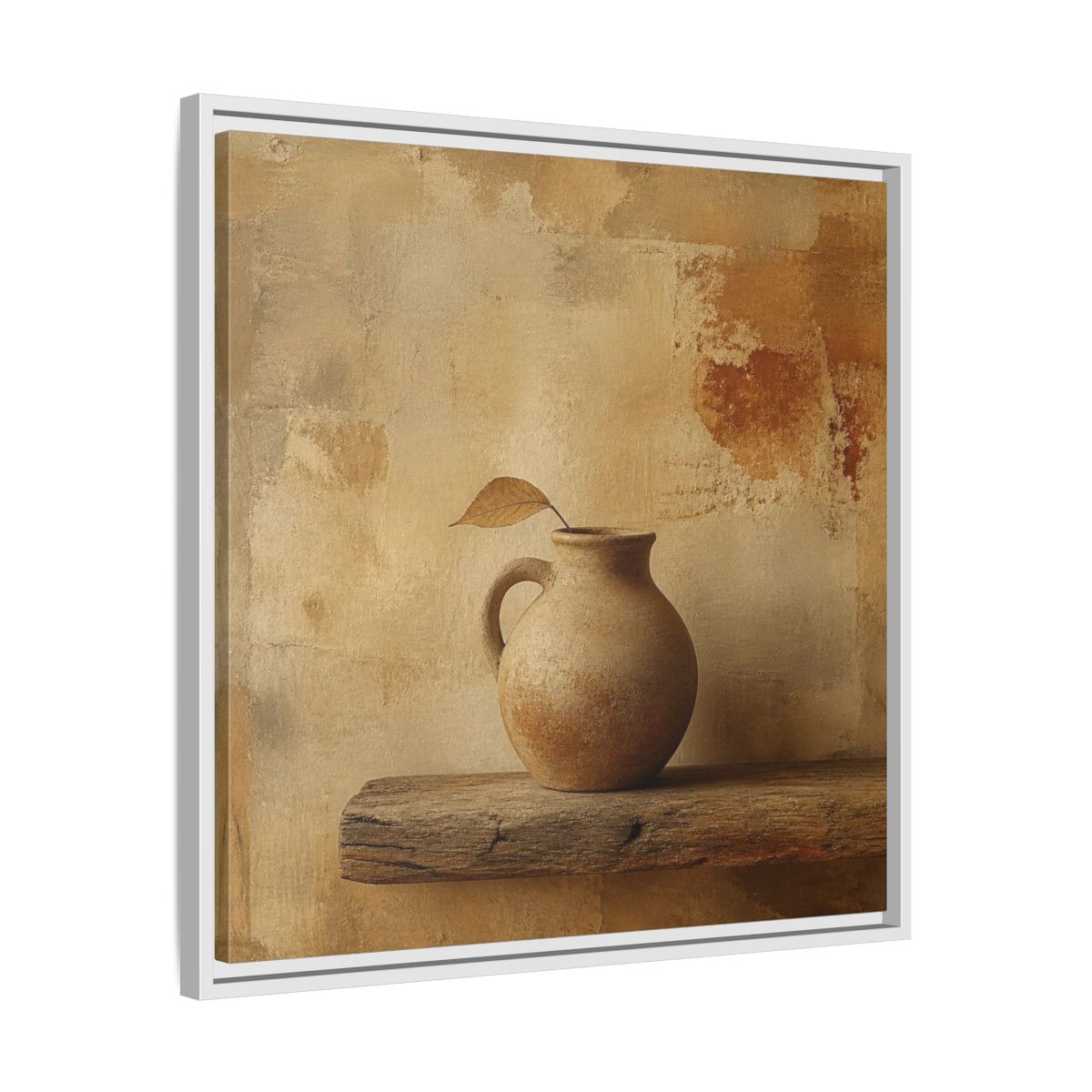 Side Mockup 26. Wabi-Sabi Clay Jug On Shelf shown as framed canvas print