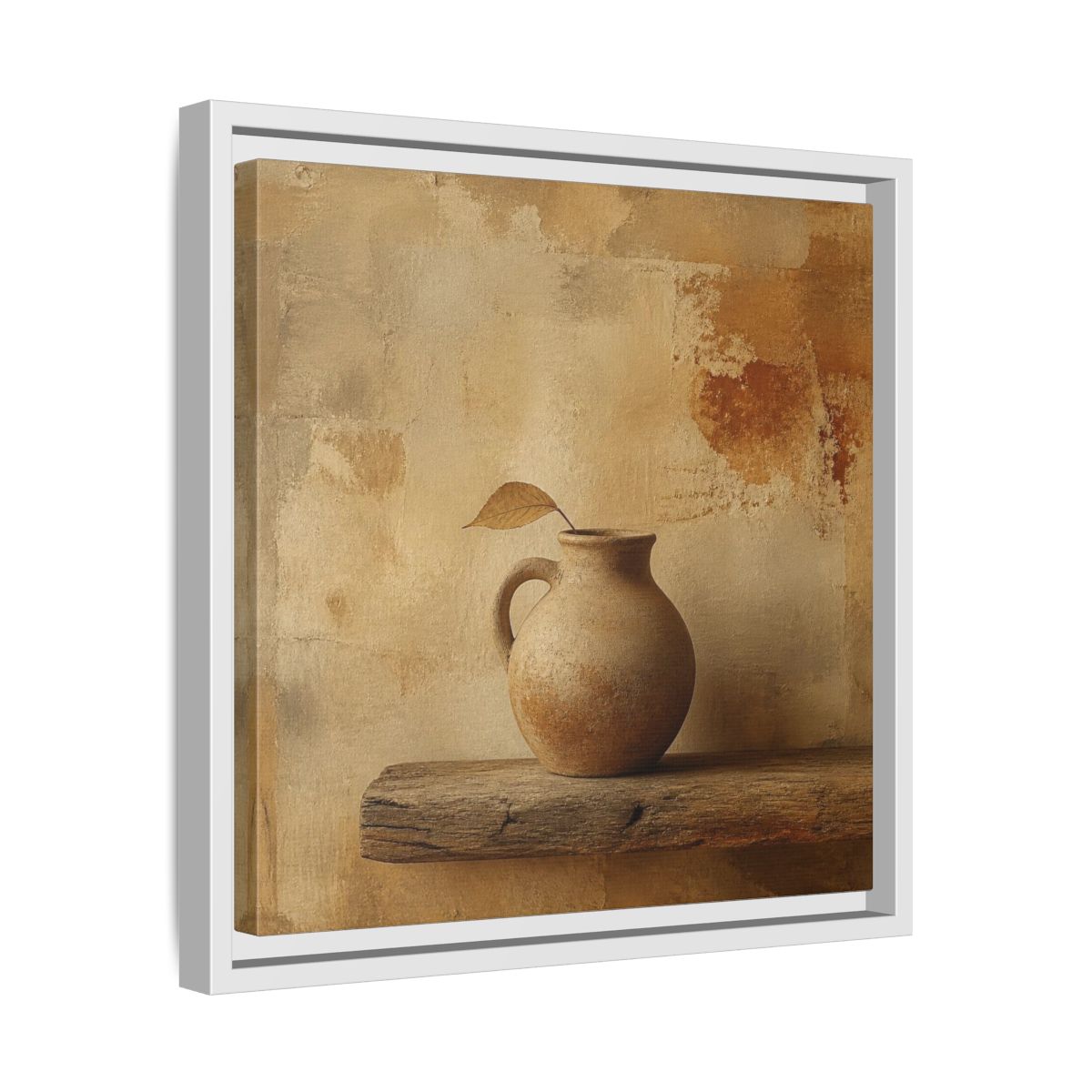 Side Mockup 28. Wabi-Sabi Clay Jug On Shelf shown as framed canvas print