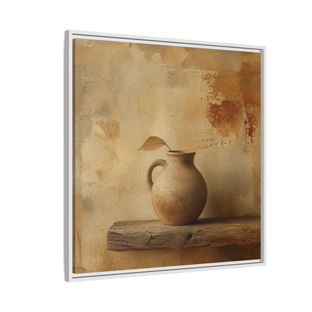 Side Mockup 7. Wabi-Sabi Clay Jug On Shelf shown as framed canvas print