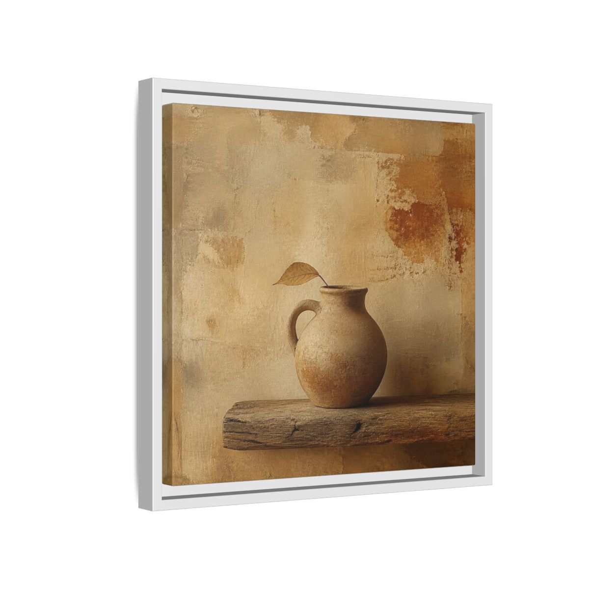 Side Mockup 13. Wabi-Sabi Clay Jug On Shelf shown as framed canvas print
