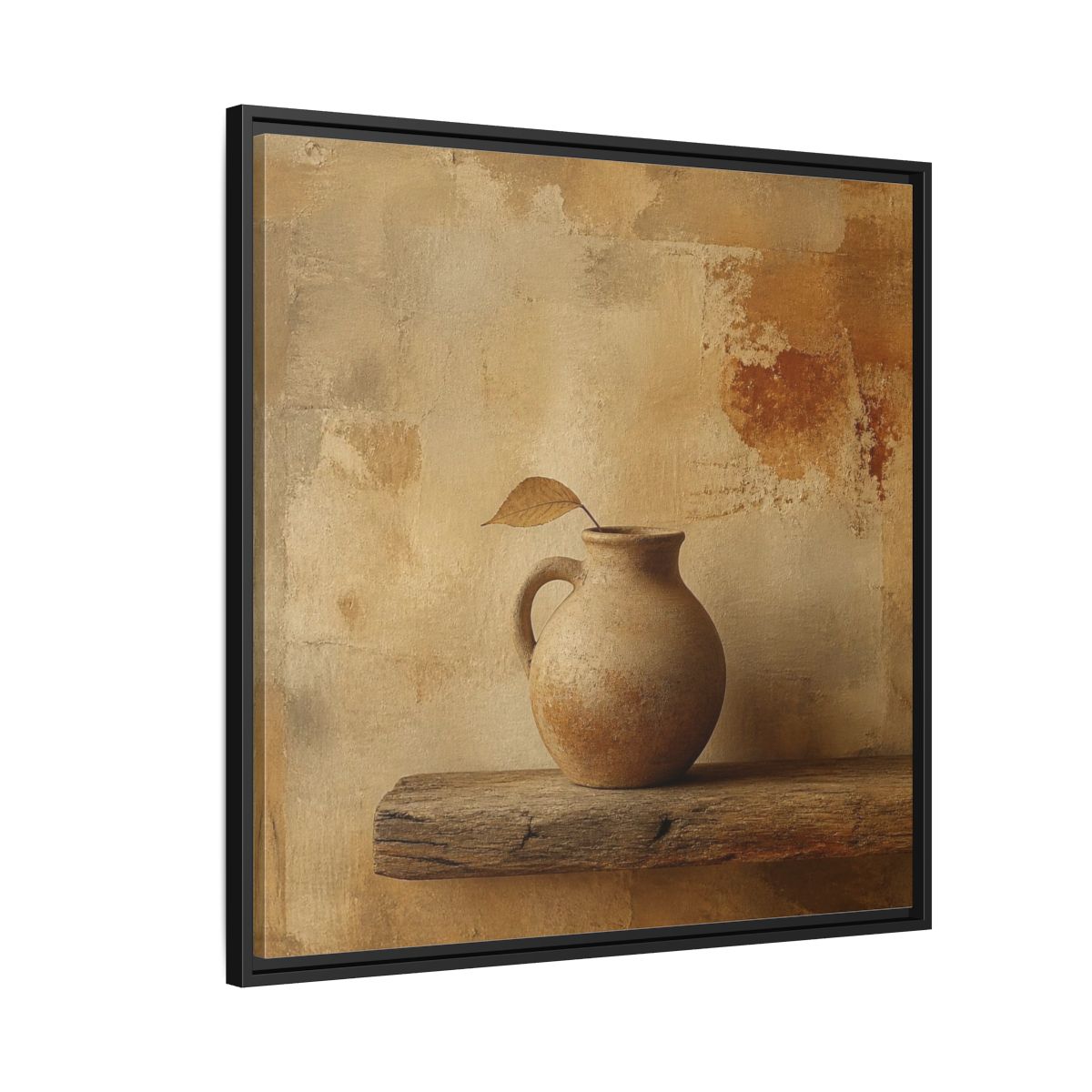 Side Mockup 9. Wabi-Sabi Clay Jug On Shelf shown as framed canvas print