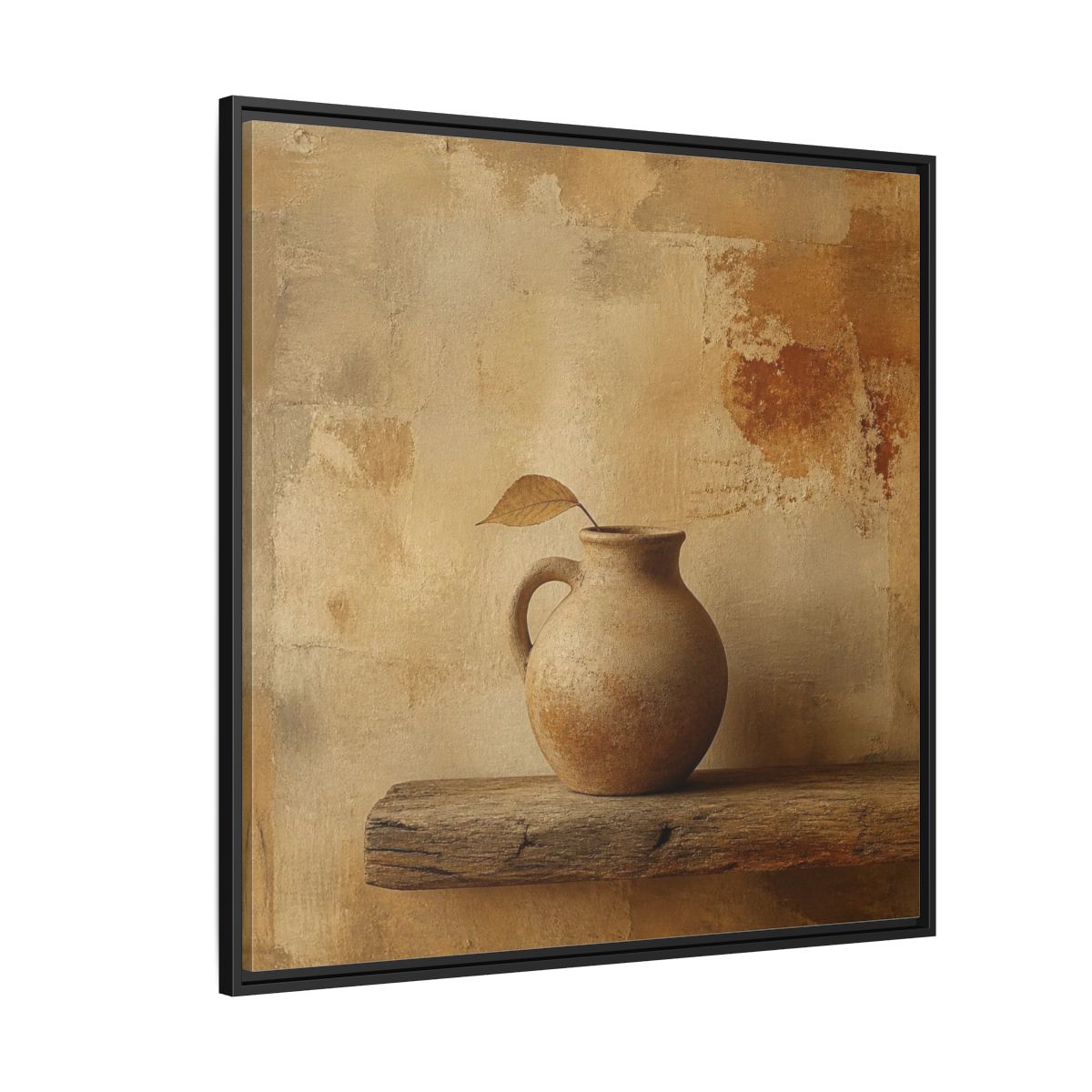 Side Mockup 6. Wabi-Sabi Clay Jug On Shelf shown as framed canvas print