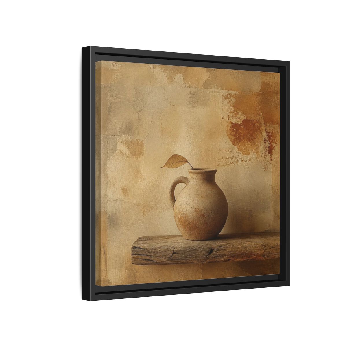 Side Mockup 15. Wabi-Sabi Clay Jug On Shelf shown as framed canvas print