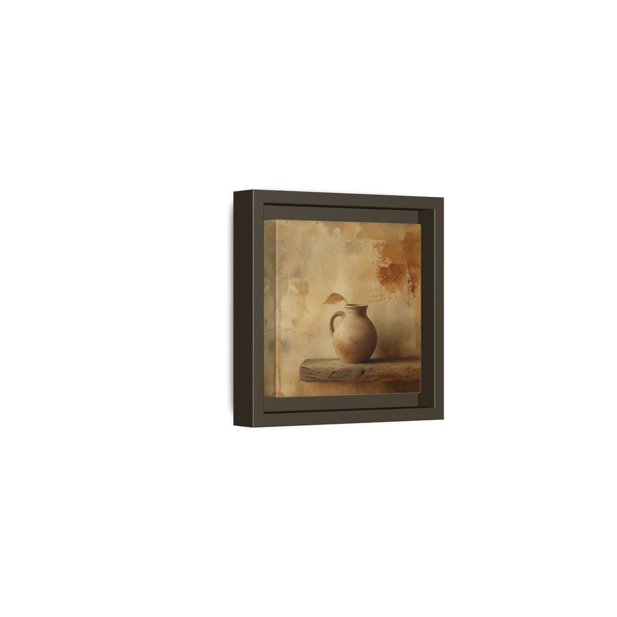 Side Mockup 23. Wabi-Sabi Clay Jug On Shelf shown as framed canvas print