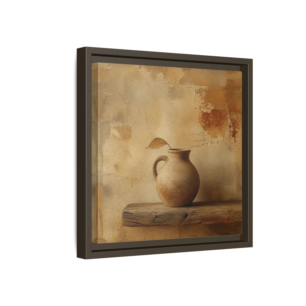 Side Mockup 17. Wabi-Sabi Clay Jug On Shelf shown as framed canvas print