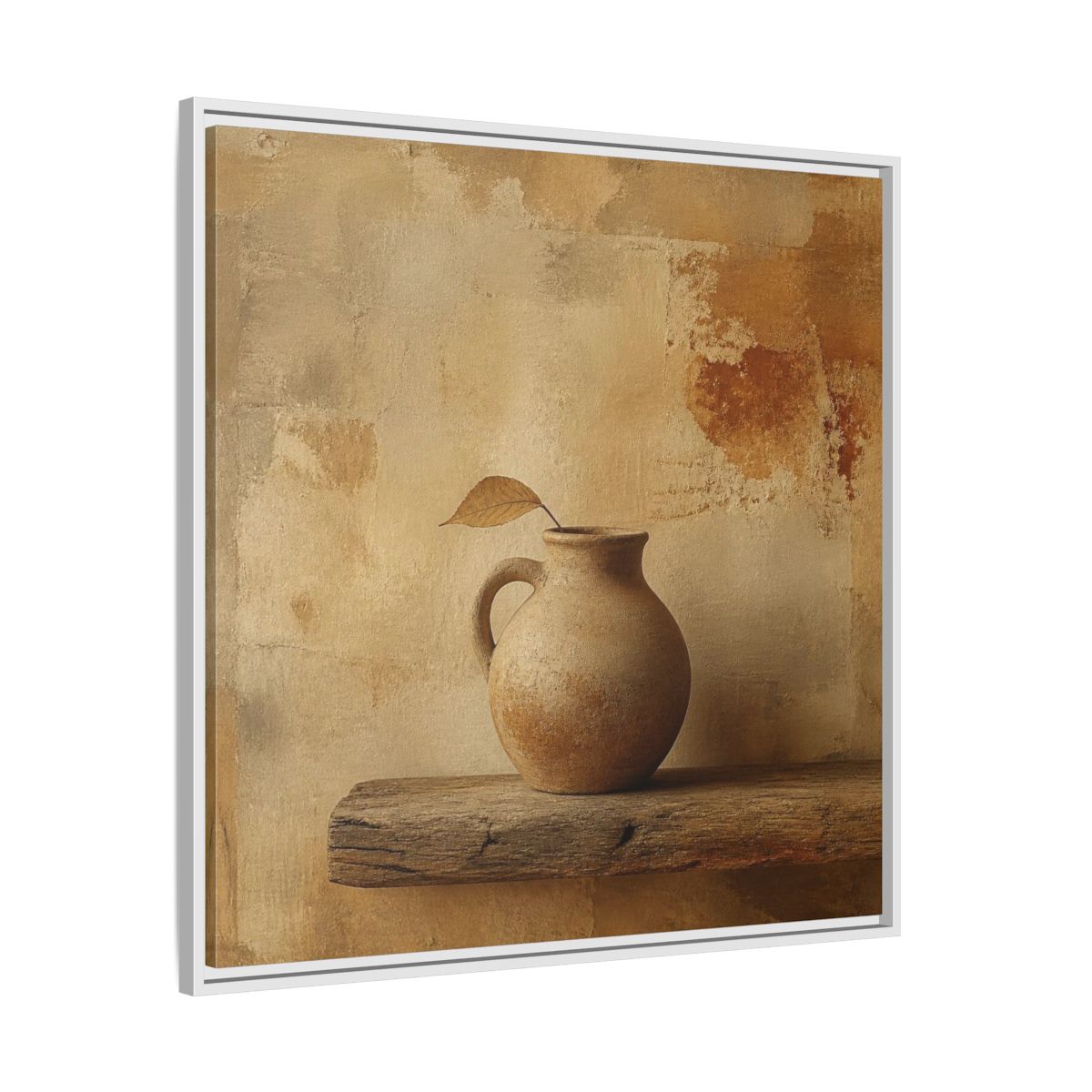 Side Mockup 25. Wabi-Sabi Clay Jug On Shelf shown as framed canvas print