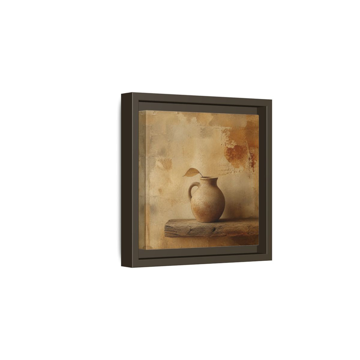 Side Mockup 2. Wabi-Sabi Clay Jug On Shelf shown as framed canvas print