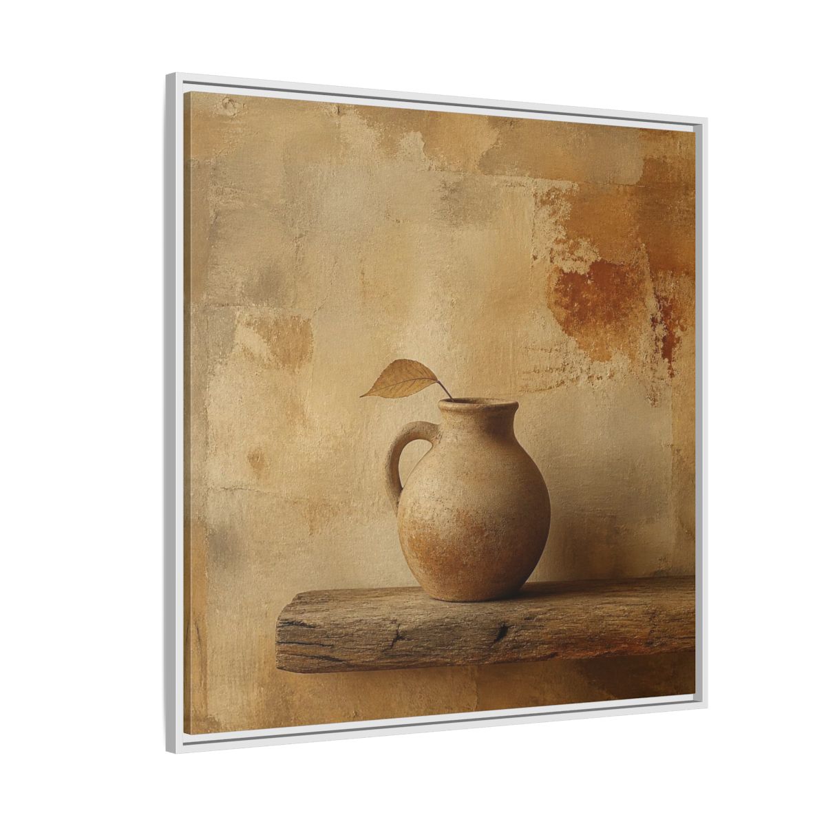 Side Mockup 4. Wabi-Sabi Clay Jug On Shelf shown as framed canvas print