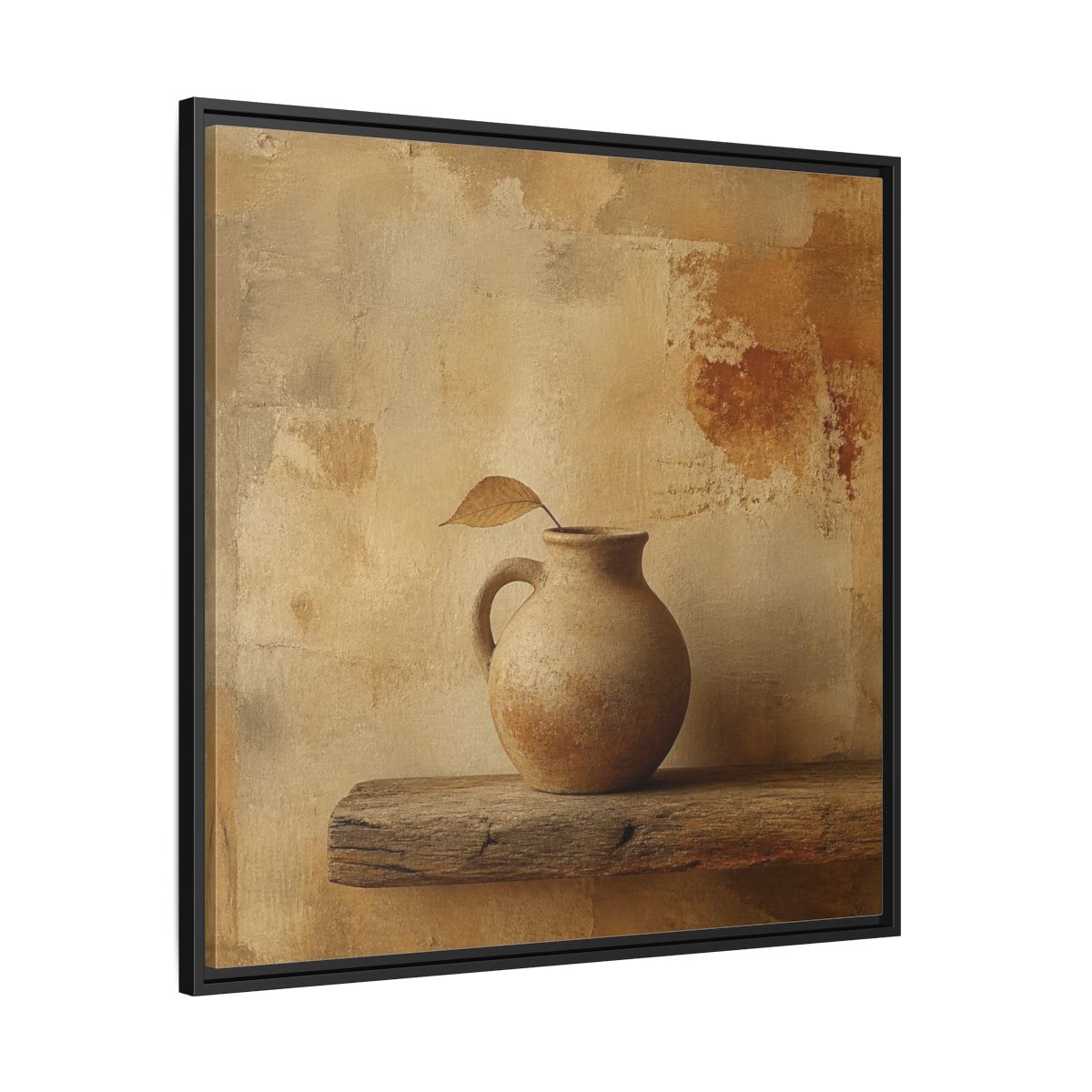 Side Mockup 30. Wabi-Sabi Clay Jug On Shelf shown as framed canvas print