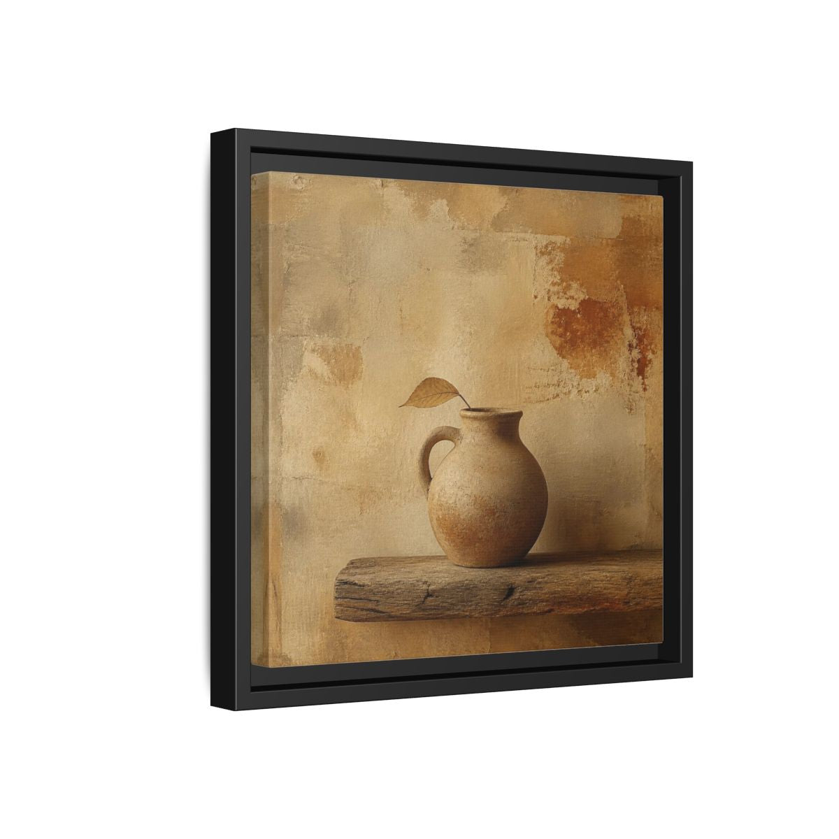 Side Mockup 18. Wabi-Sabi Clay Jug On Shelf shown as framed canvas print