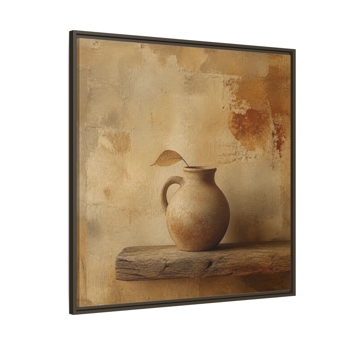 Side Mockup 5. Wabi-Sabi Clay Jug On Shelf shown as framed canvas print