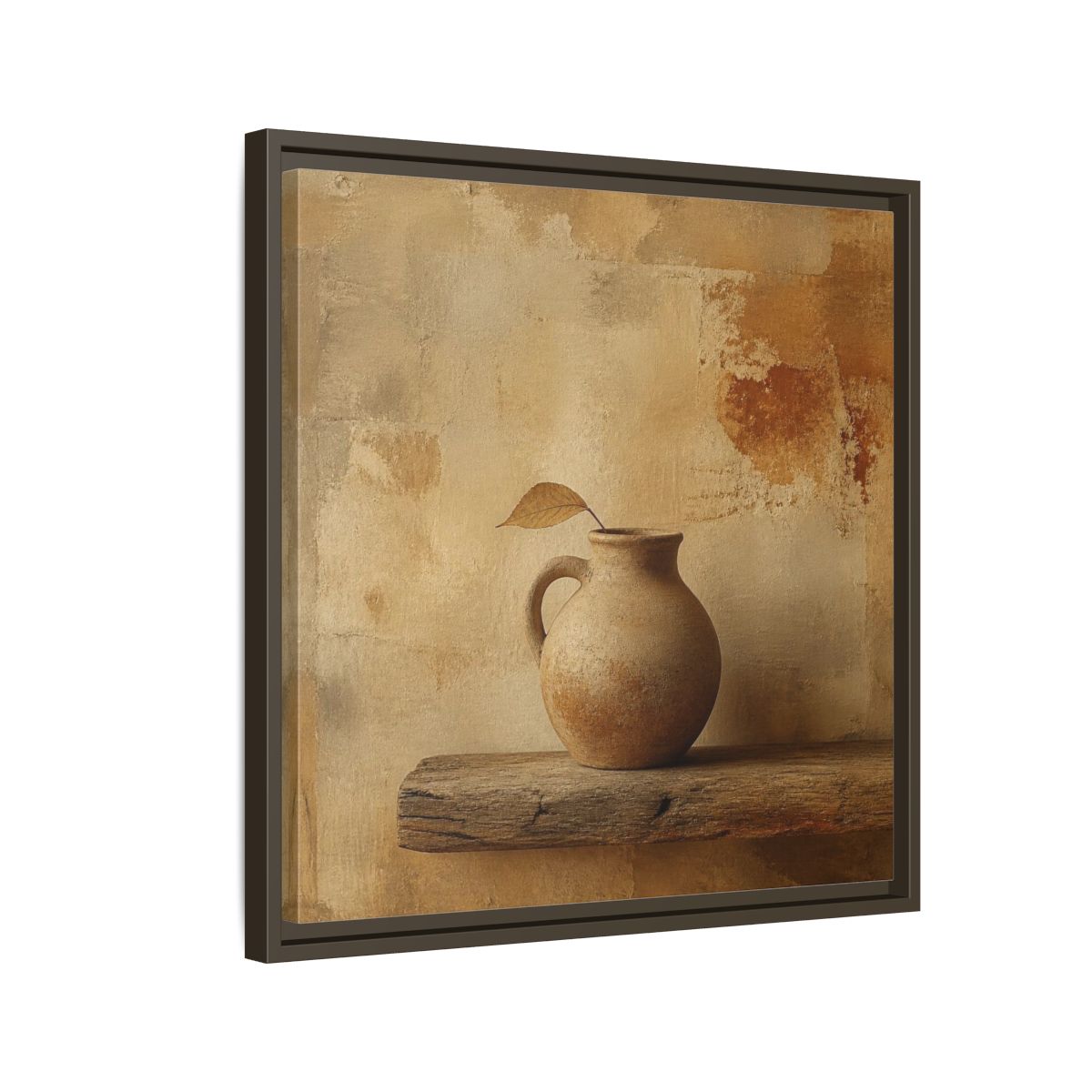 Side Mockup 11. Wabi-Sabi Clay Jug On Shelf shown as framed canvas print