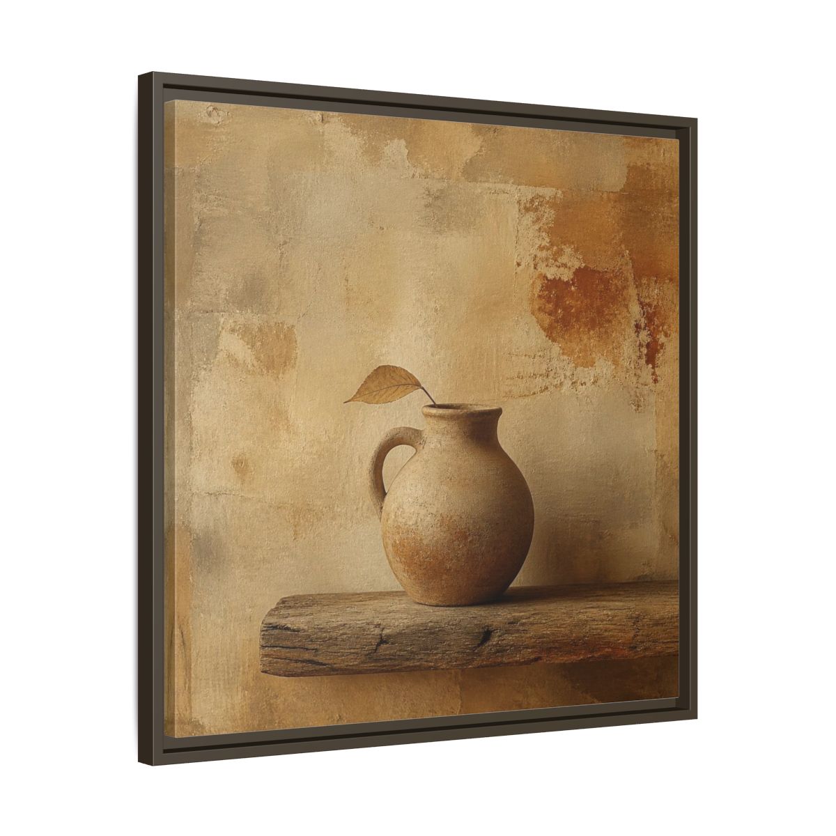 Side Mockup 27. Wabi-Sabi Clay Jug On Shelf shown as framed canvas print