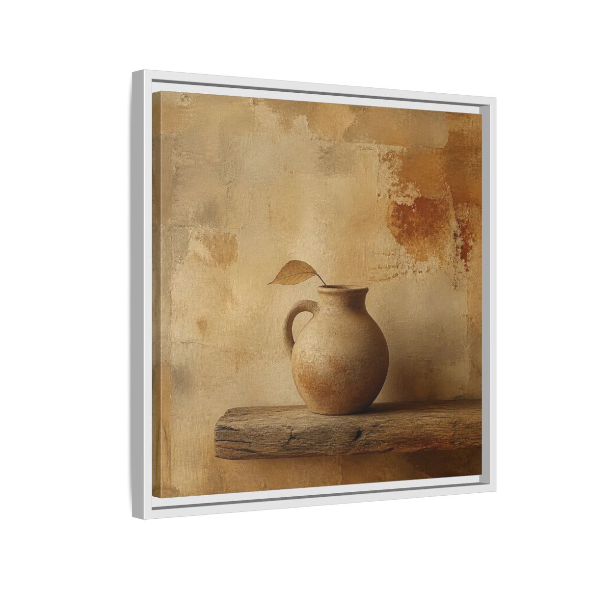 Side Mockup 10. Wabi-Sabi Clay Jug On Shelf shown as framed canvas print