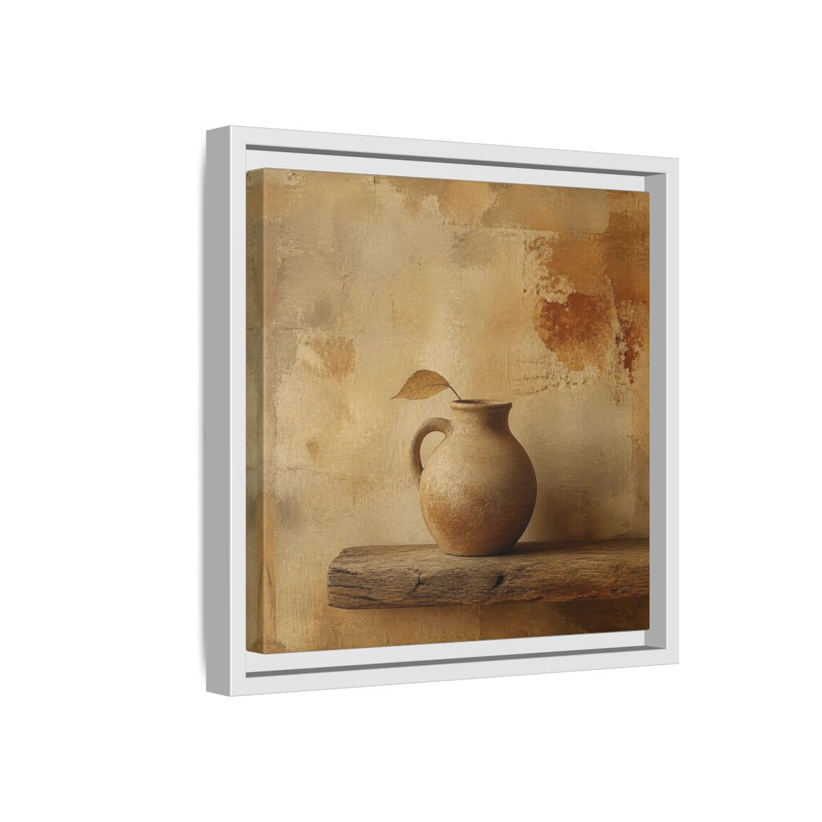 Side Mockup 16. Wabi-Sabi Clay Jug On Shelf shown as framed canvas print