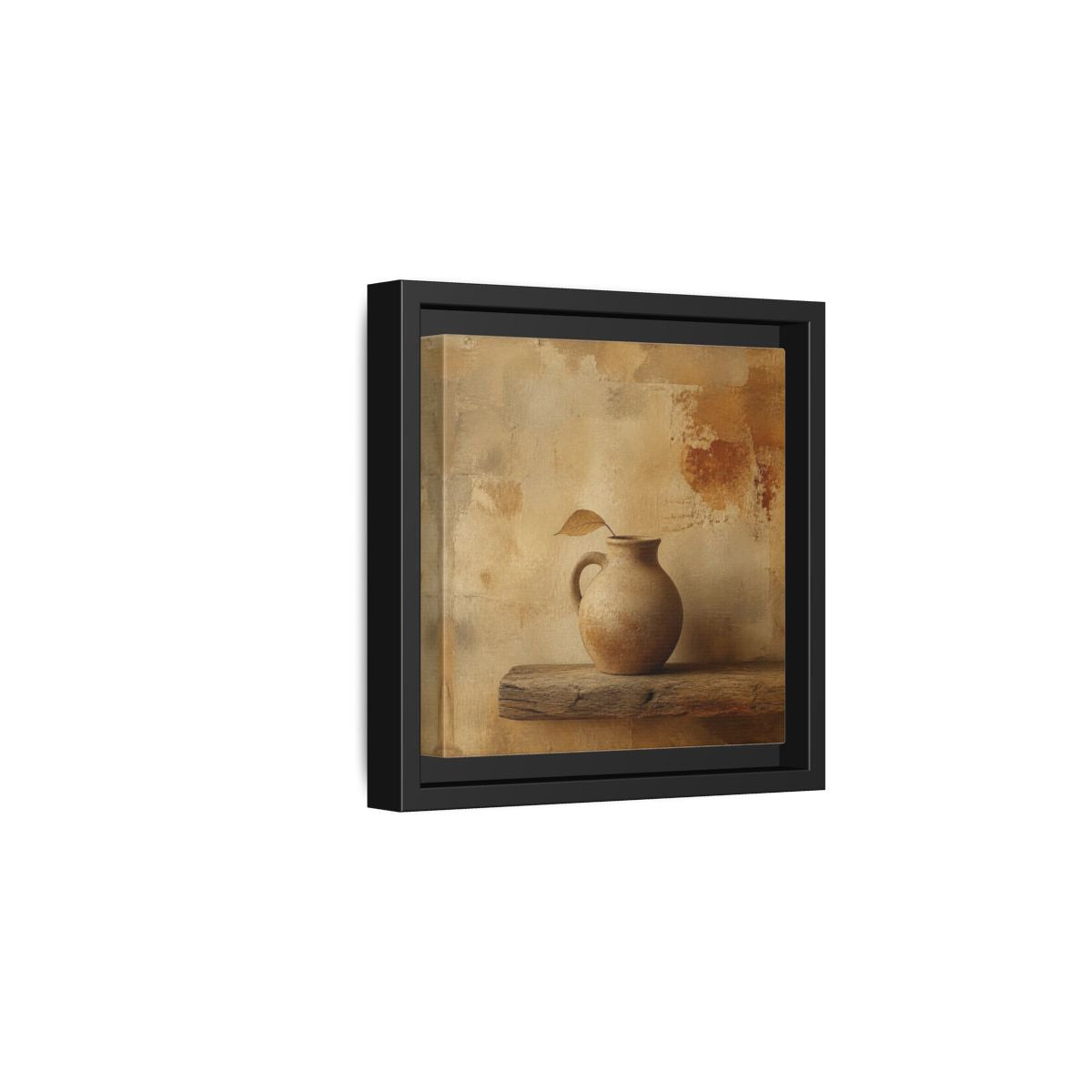 Side Mockup 3. Wabi-Sabi Clay Jug On Shelf shown as framed canvas print
