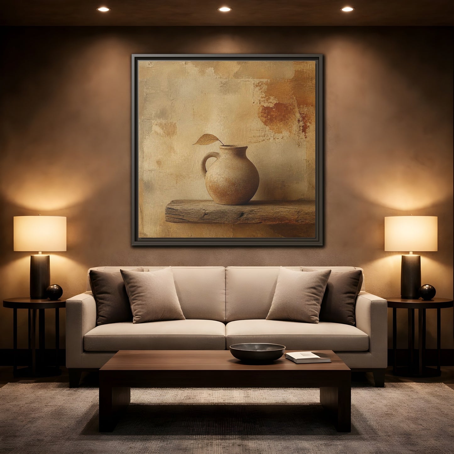 Mockup 2. Wabi-Sabi Clay Jug On Shelf shown as framed canvas print
