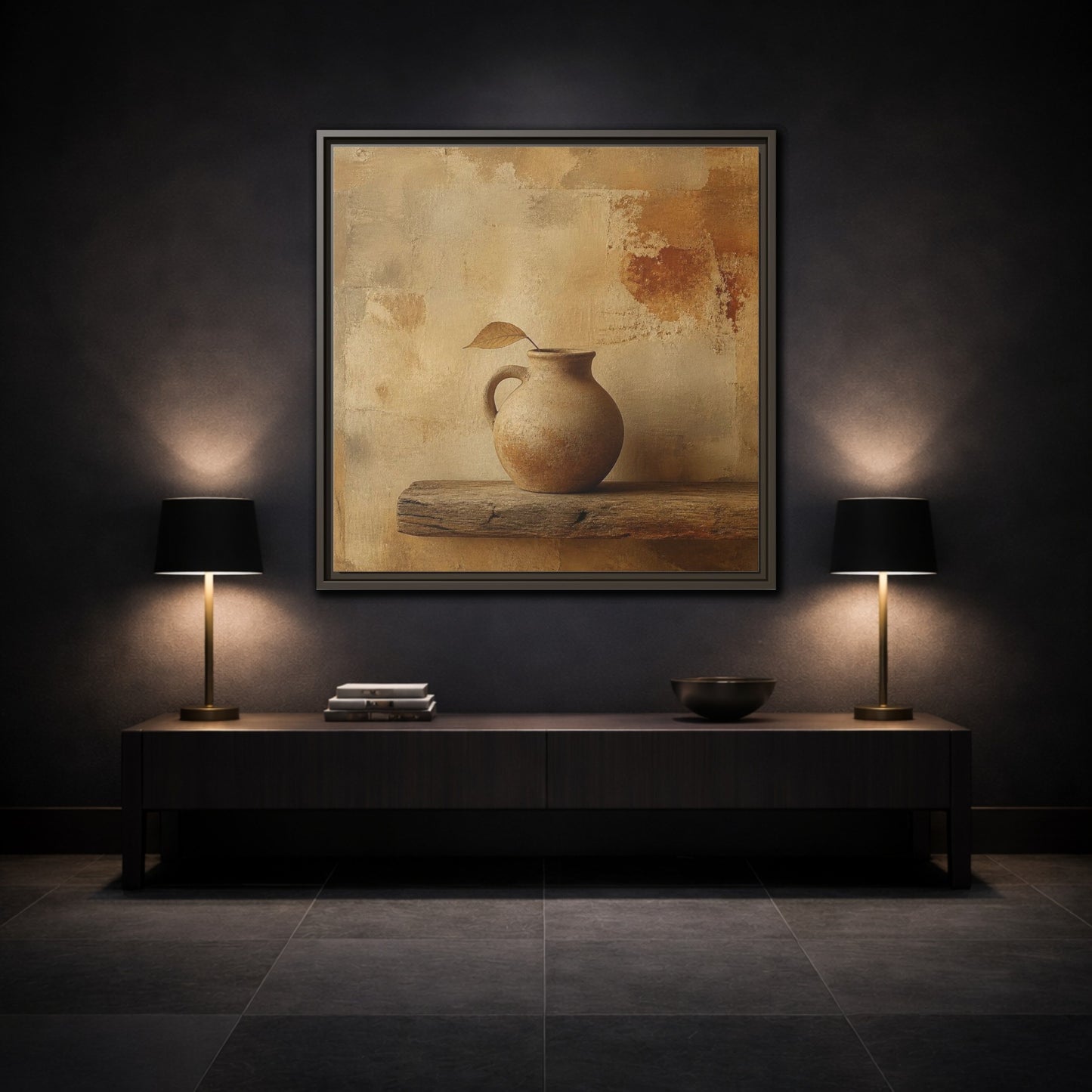Mockup 3. Wabi-Sabi Clay Jug On Shelf shown as framed canvas print