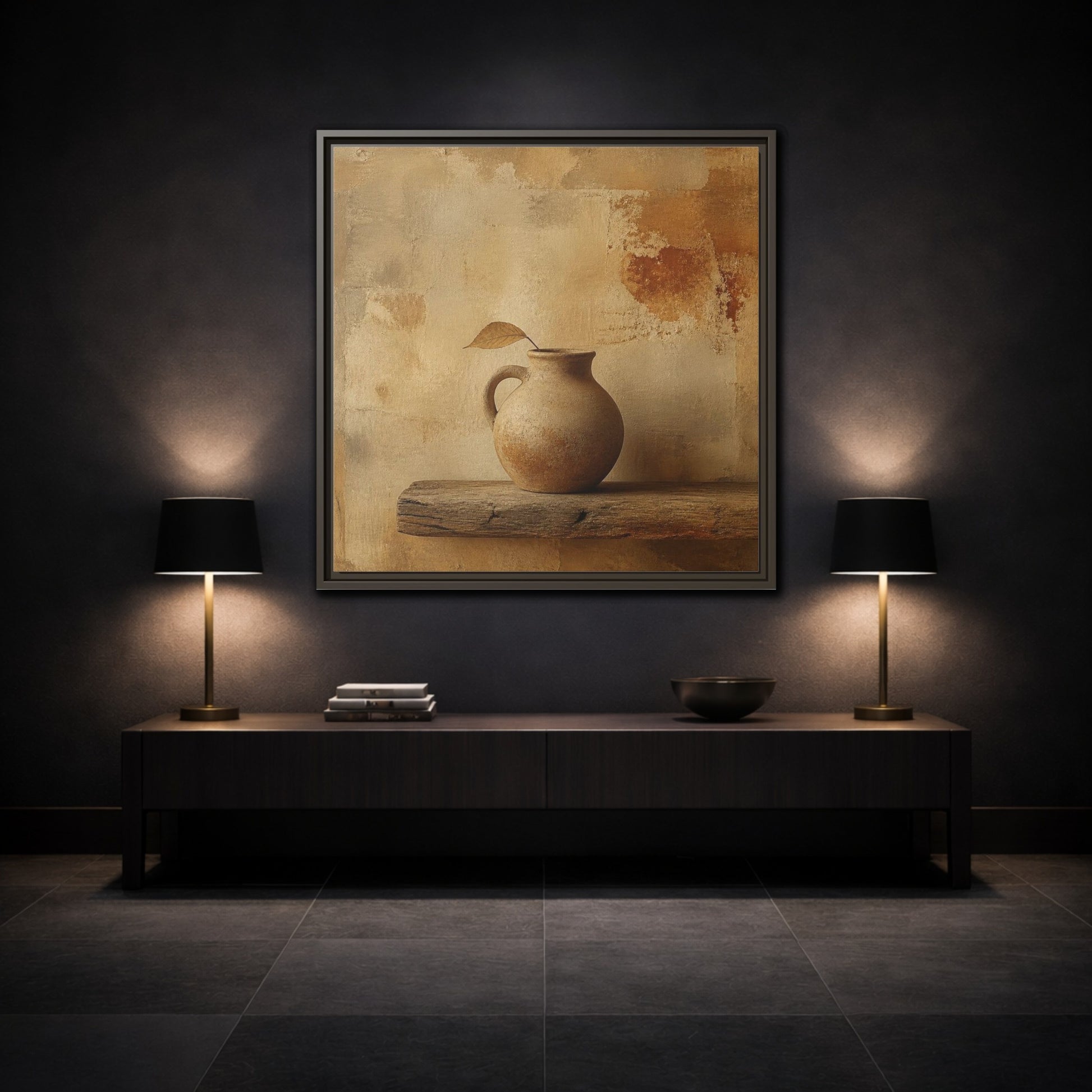 Mockup 3. Wabi-Sabi Clay Jug On Shelf shown as framed canvas print