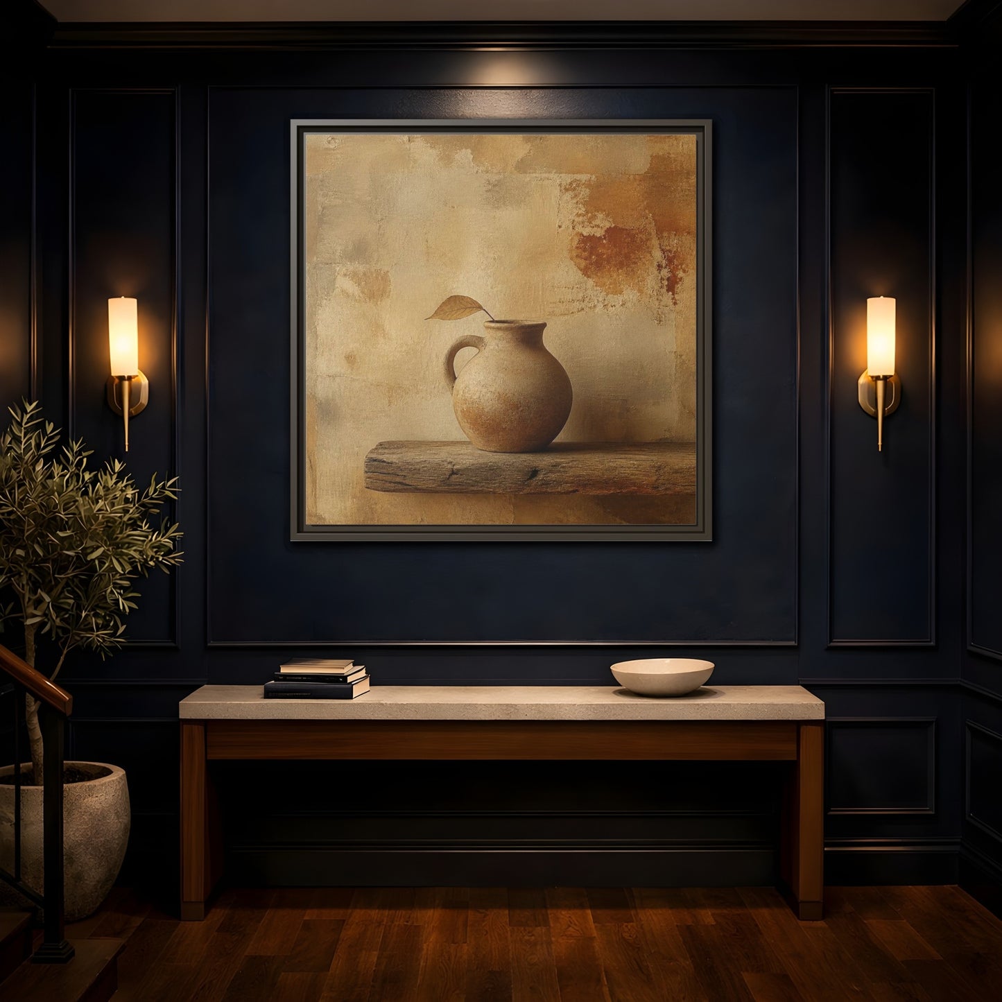 Mockup 4. Wabi-Sabi Clay Jug On Shelf shown as framed canvas print