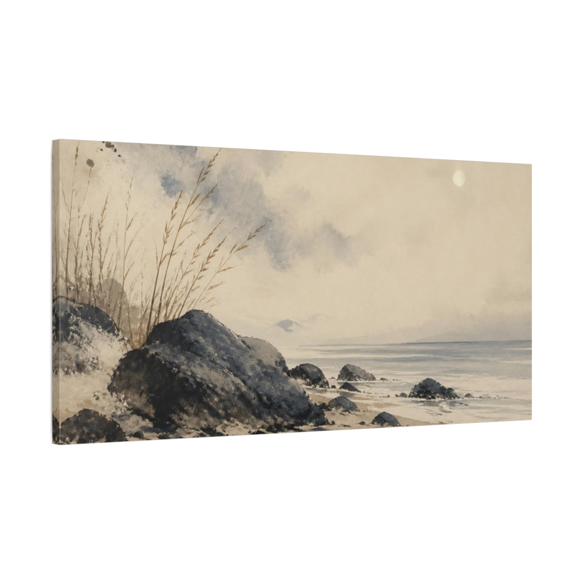 Main Mockup. Wabi Sabi Coastal Stones shown as canvas print