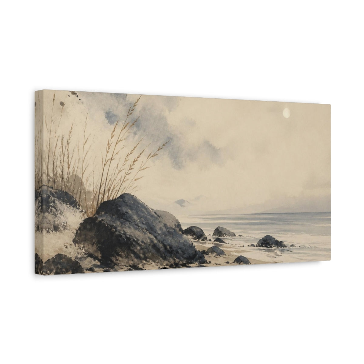 Side Mockup 3. Wabi Sabi Coastal Stones shown as canvas print