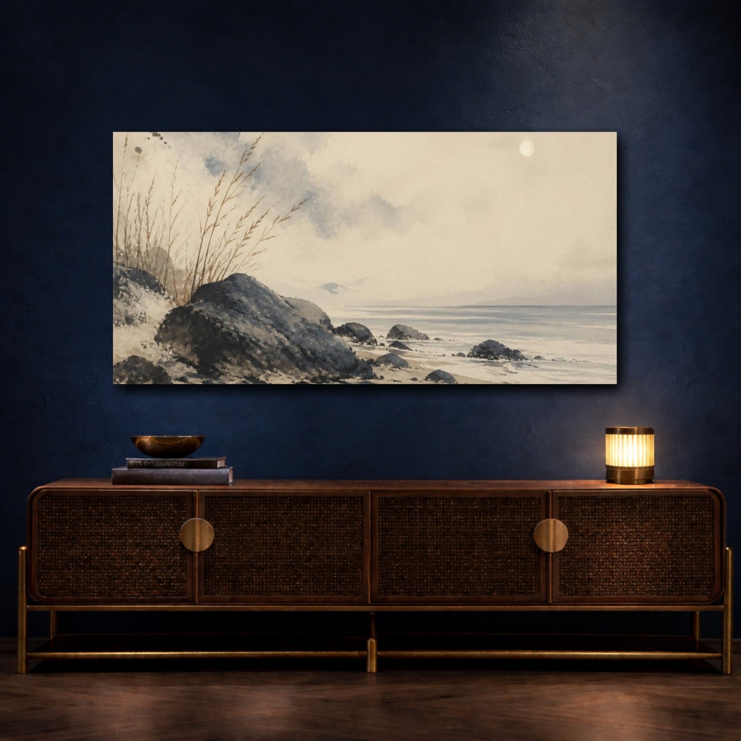 Mockup 4. Wabi Sabi Coastal Stones shown as canvas print