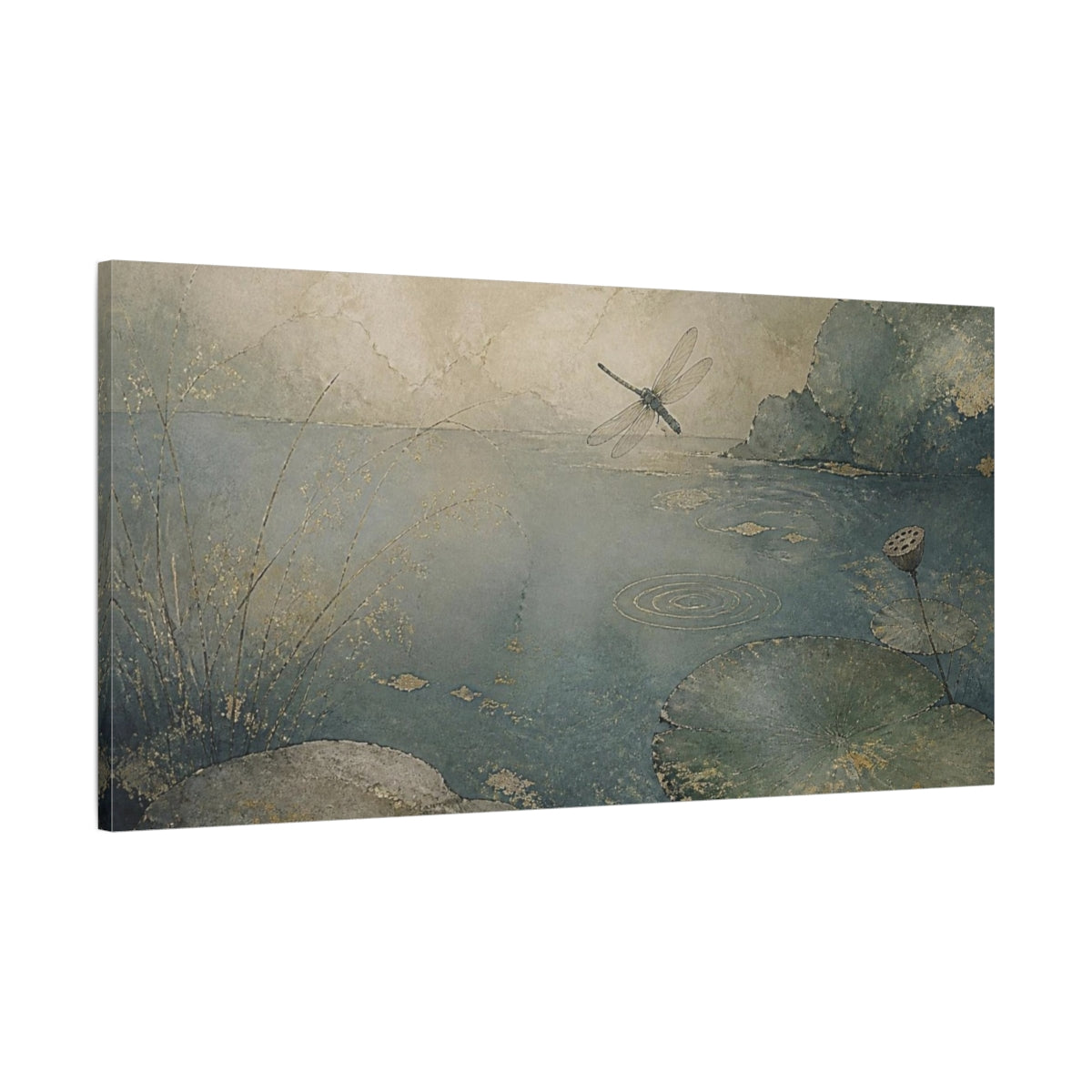Main Mockup. Wabi Sabi Dragonfly Pond shown as canvas print
