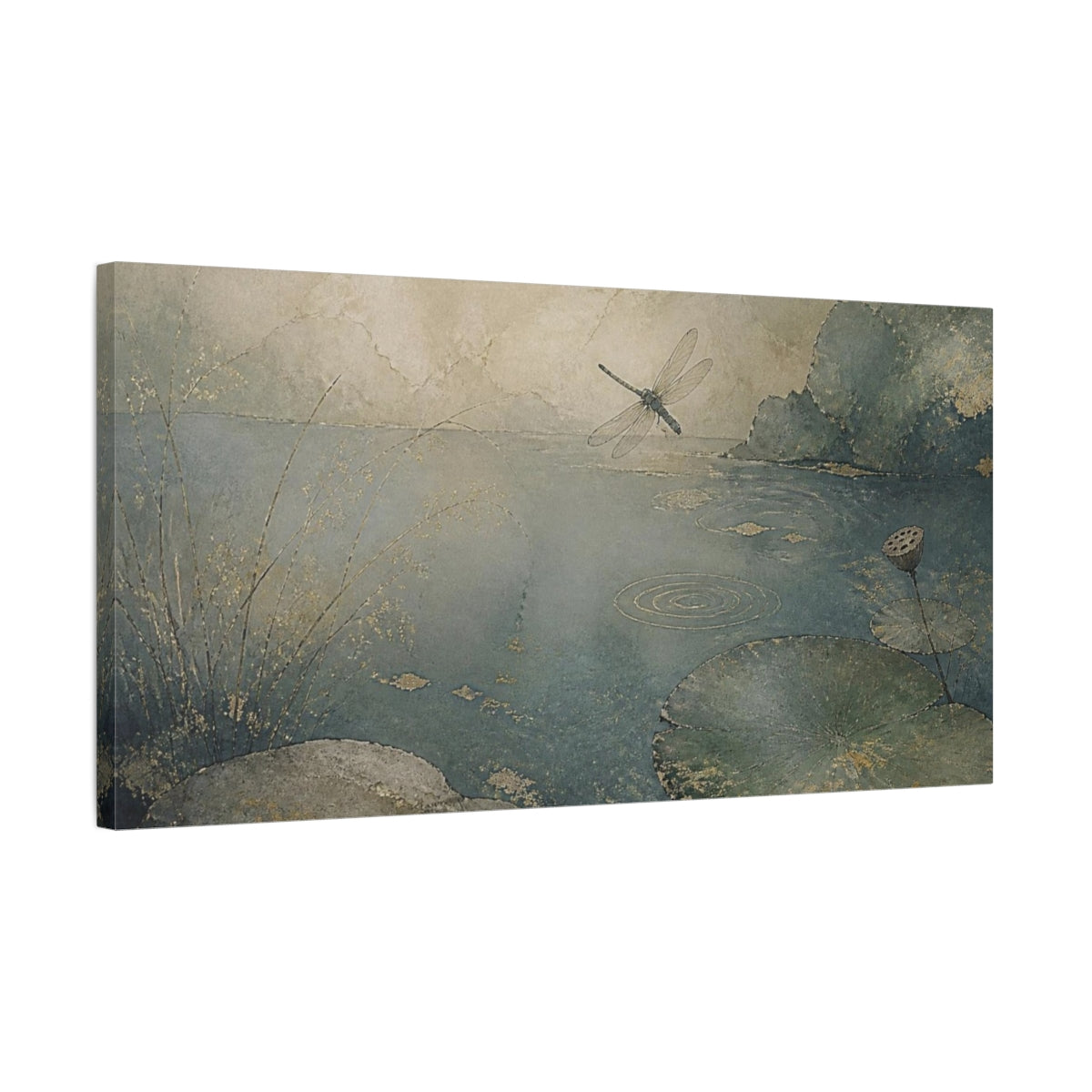 Side Mockup 1. Wabi Sabi Dragonfly Pond shown as canvas print