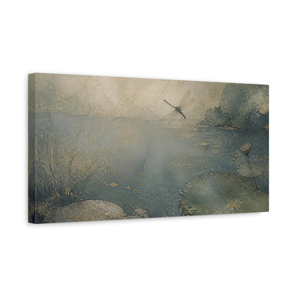 Side Mockup 3. Wabi Sabi Dragonfly Pond shown as canvas print