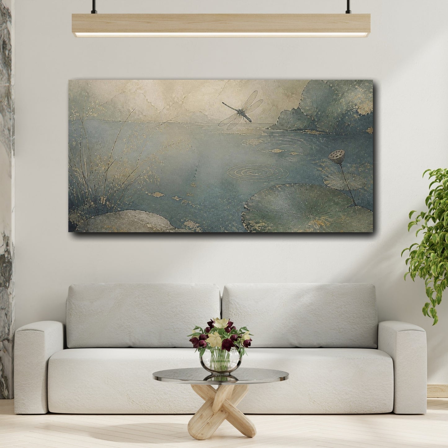Mockup 2. Wabi Sabi Dragonfly Pond shown as canvas print