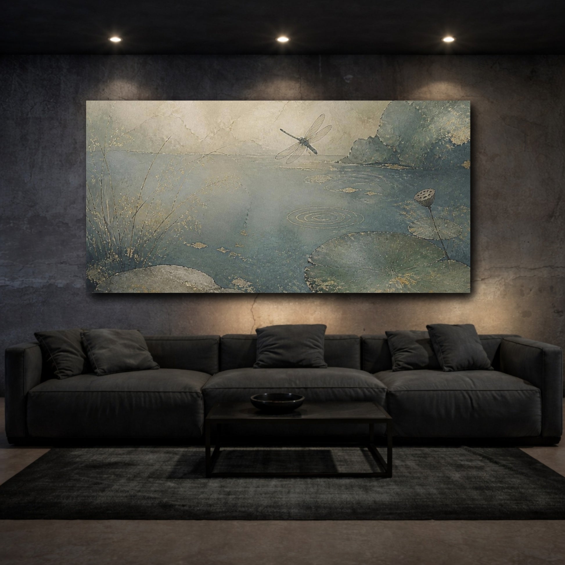 Mockup 3. Wabi Sabi Dragonfly Pond shown as canvas print