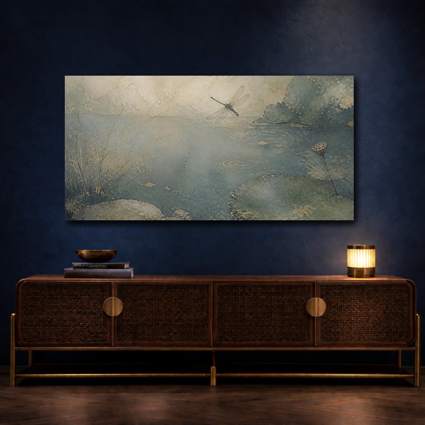 Mockup 4. Wabi Sabi Dragonfly Pond shown as canvas print