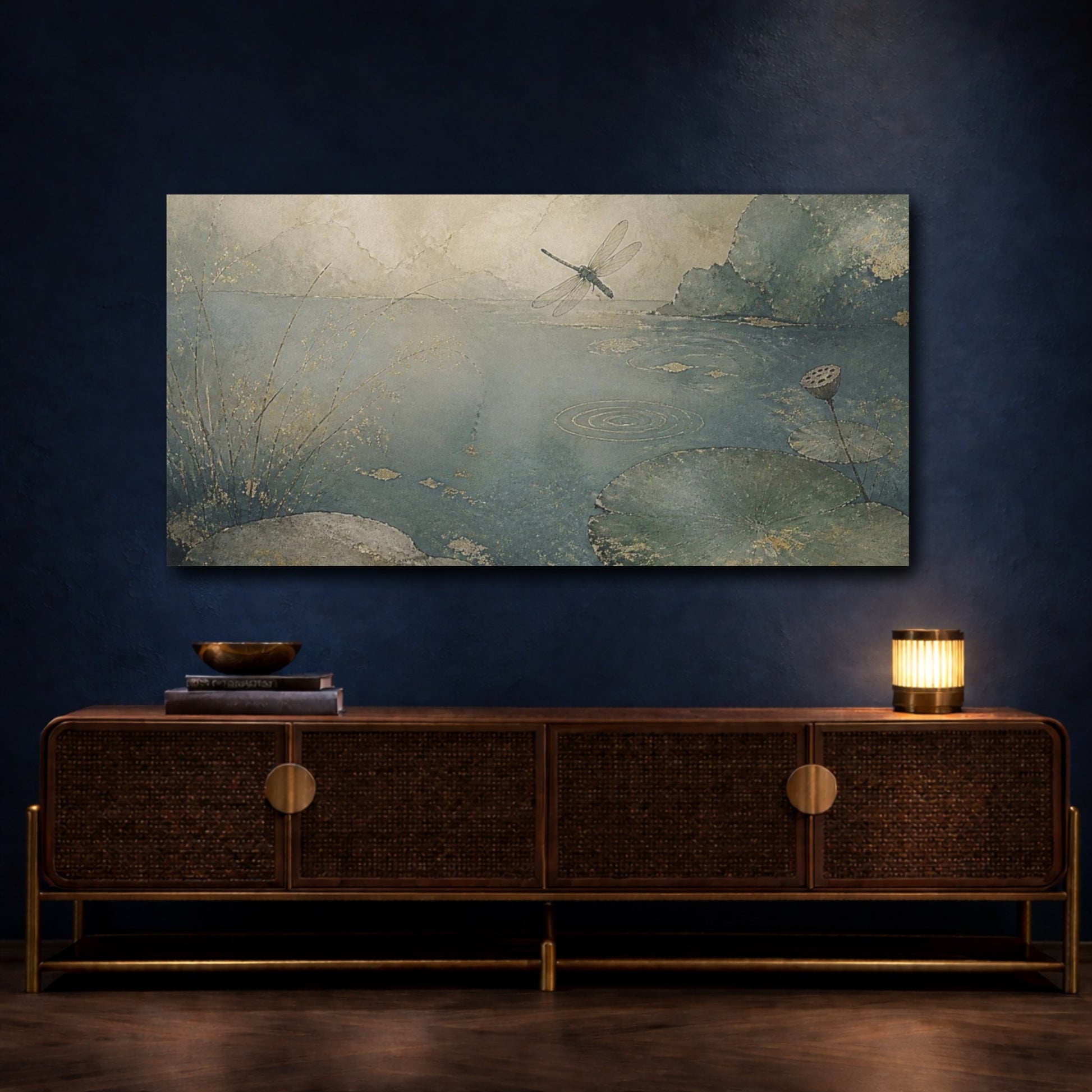 Mockup 4. Wabi Sabi Dragonfly Pond shown as canvas print