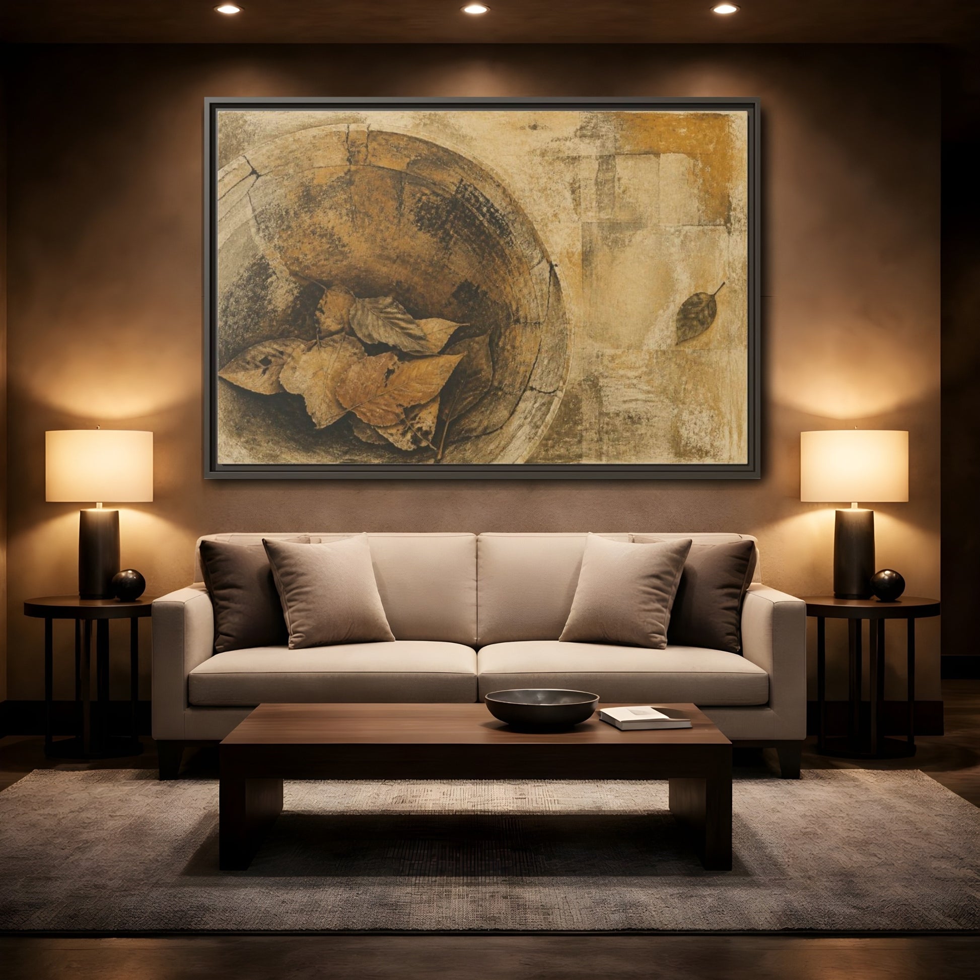 Mockup 2. Wabi Sabi Dried Leaves shown as framed canvas print