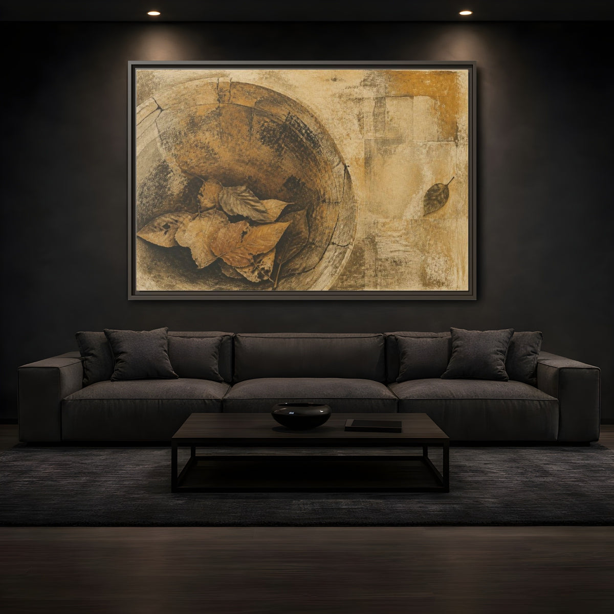 Mockup 3. Wabi Sabi Dried Leaves shown as framed canvas print