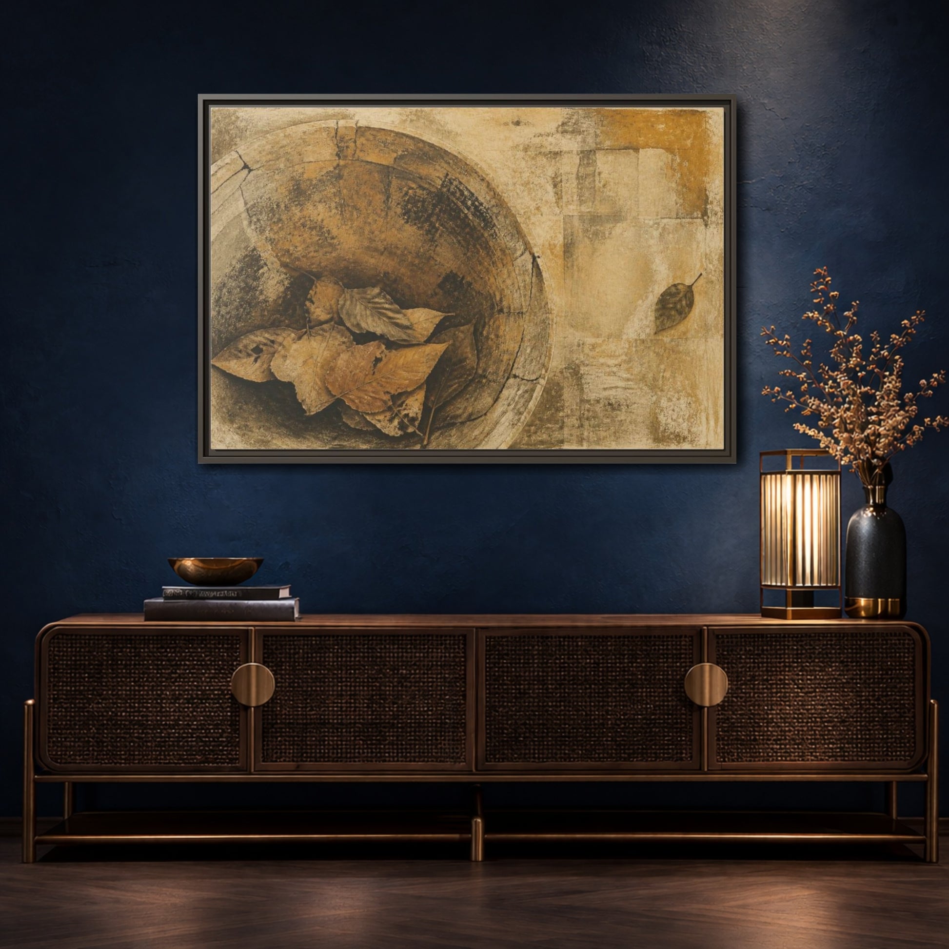 Mockup 4. Wabi Sabi Dried Leaves shown as framed canvas print