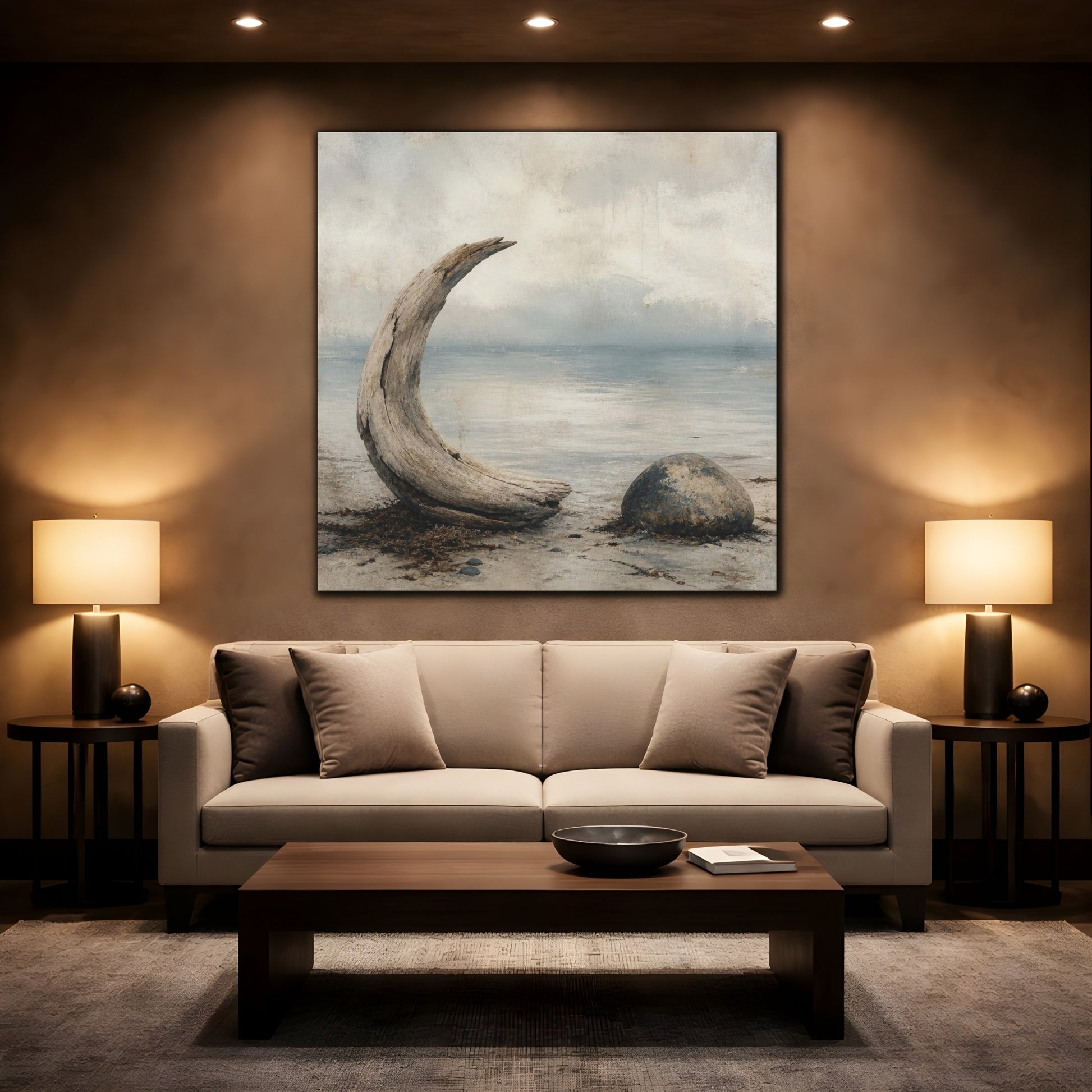 Mockup 2. Wabi Sabi Driftwood Crescent shown as canvas print