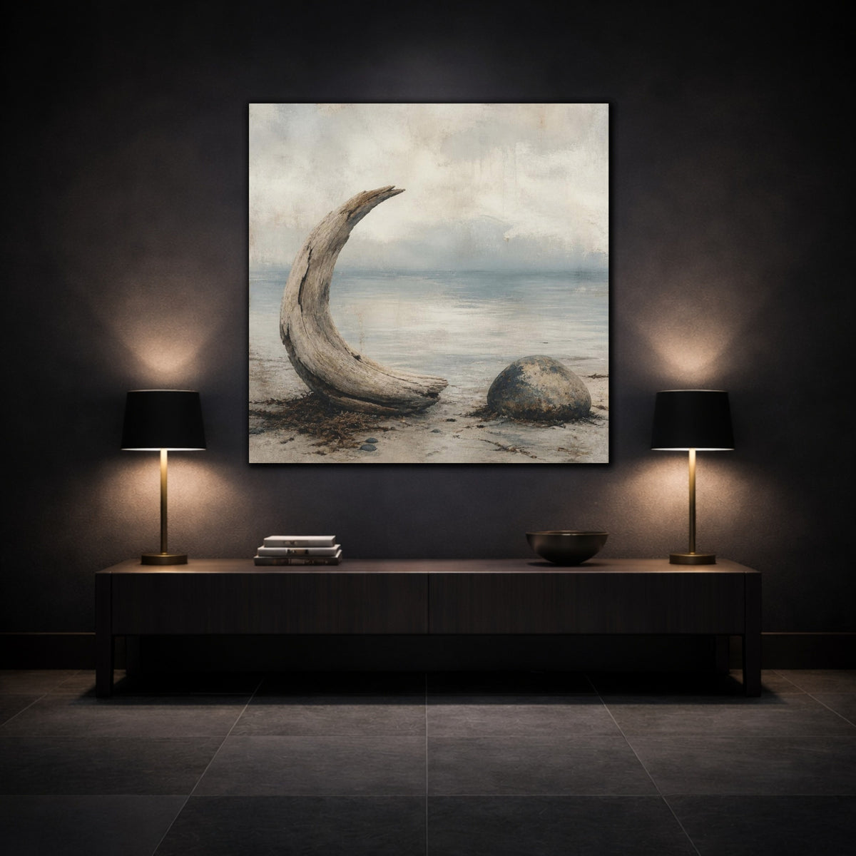 Mockup 3. Wabi Sabi Driftwood Crescent shown as canvas print