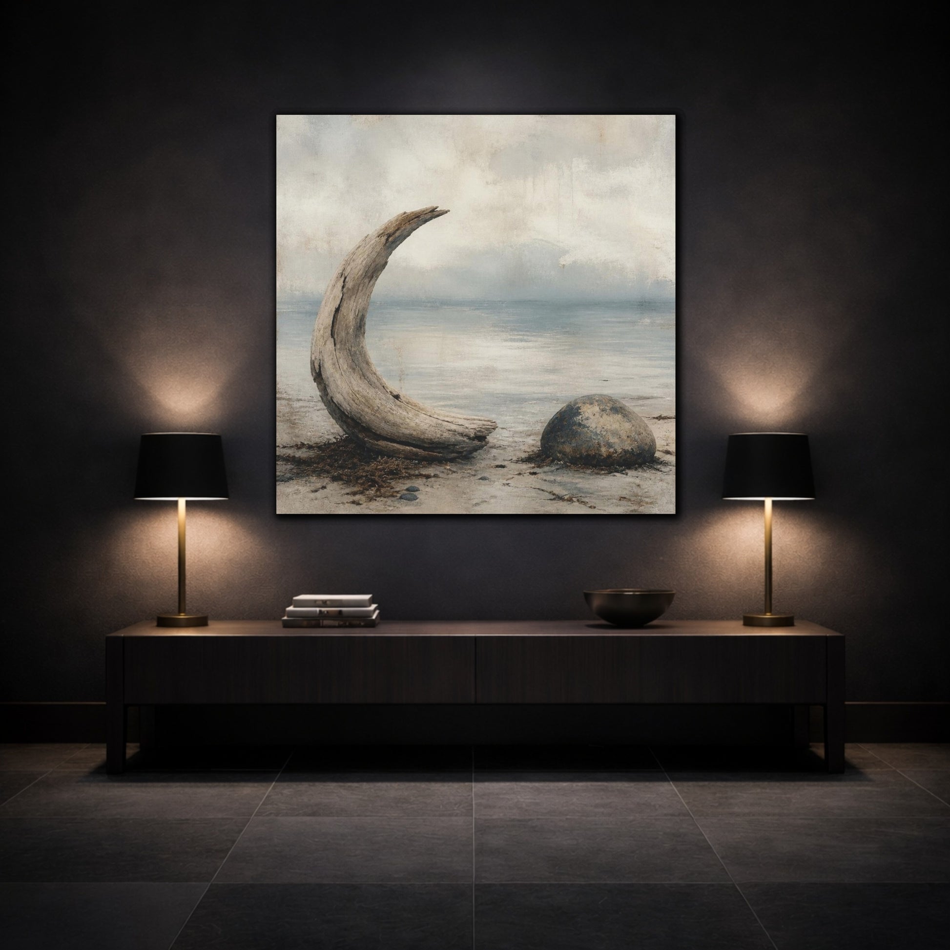 Mockup 3. Wabi Sabi Driftwood Crescent shown as canvas print