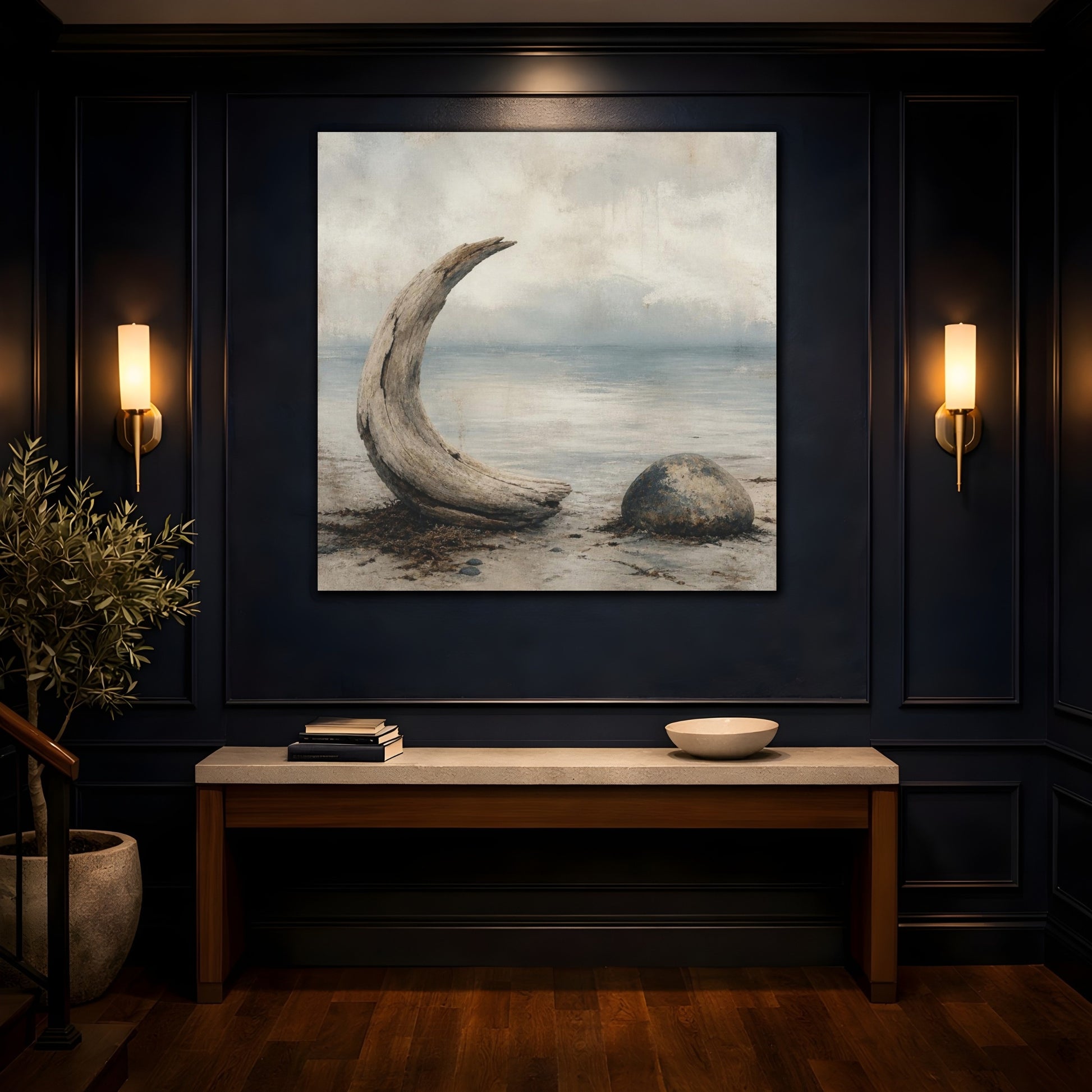 Mockup 4. Wabi Sabi Driftwood Crescent shown as canvas print