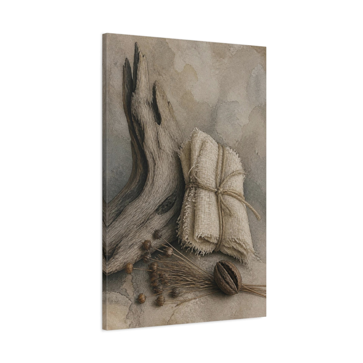 Main Mockup. Wabi Sabi Driftwood Still Life shown as canvas print