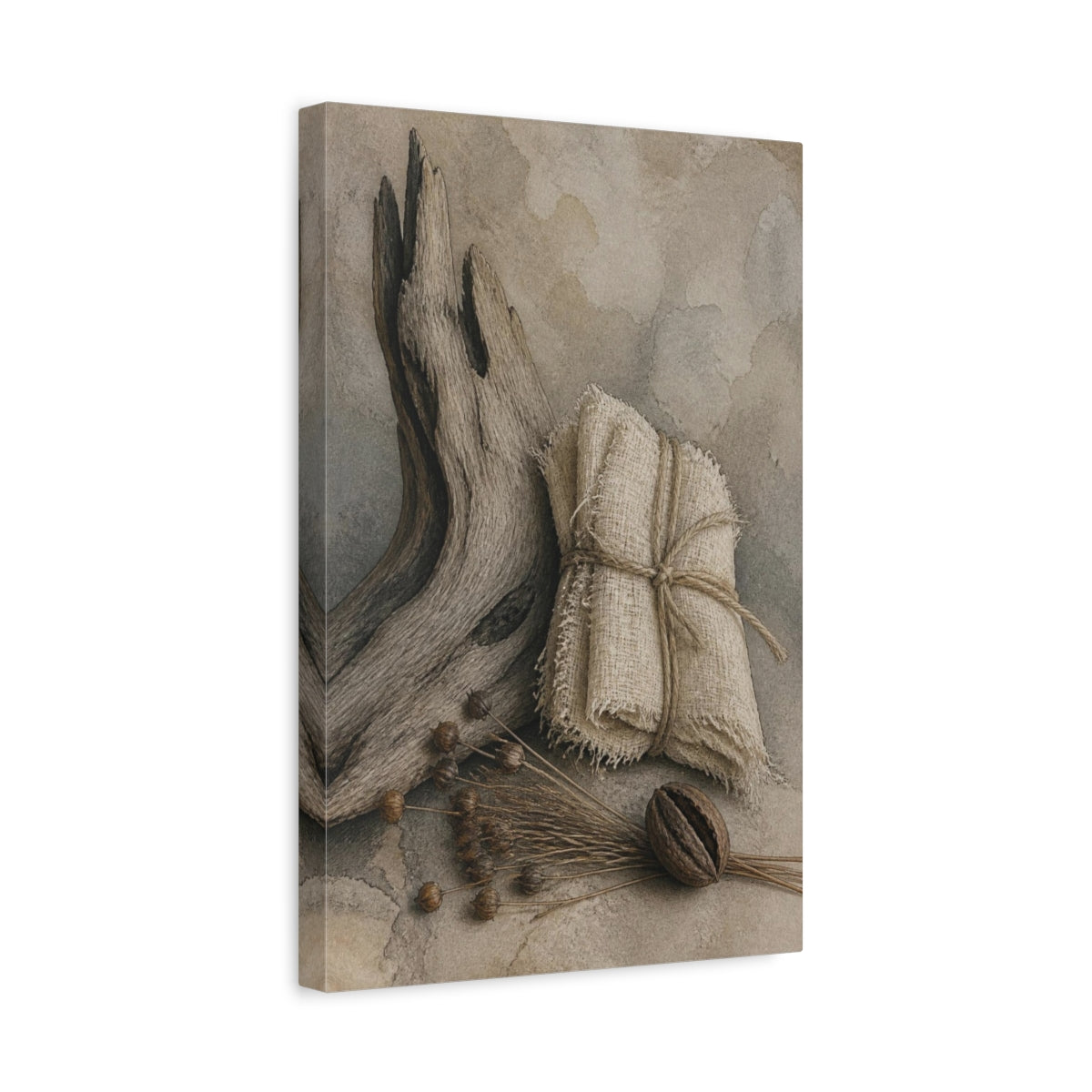 Side Mockup 4. Wabi Sabi Driftwood Still Life shown as canvas print
